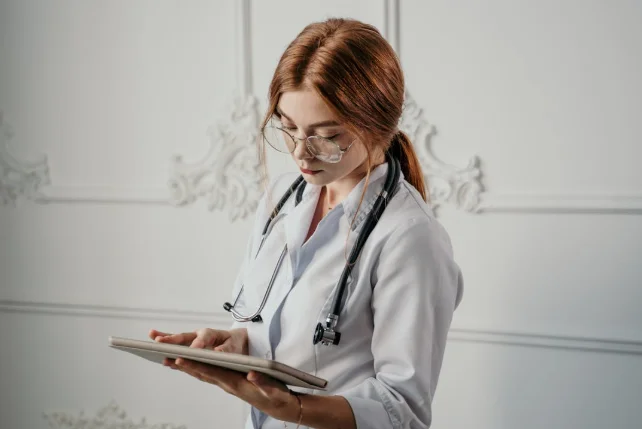 AI healthcare diagnostics system analyzing patient data in modern hospital